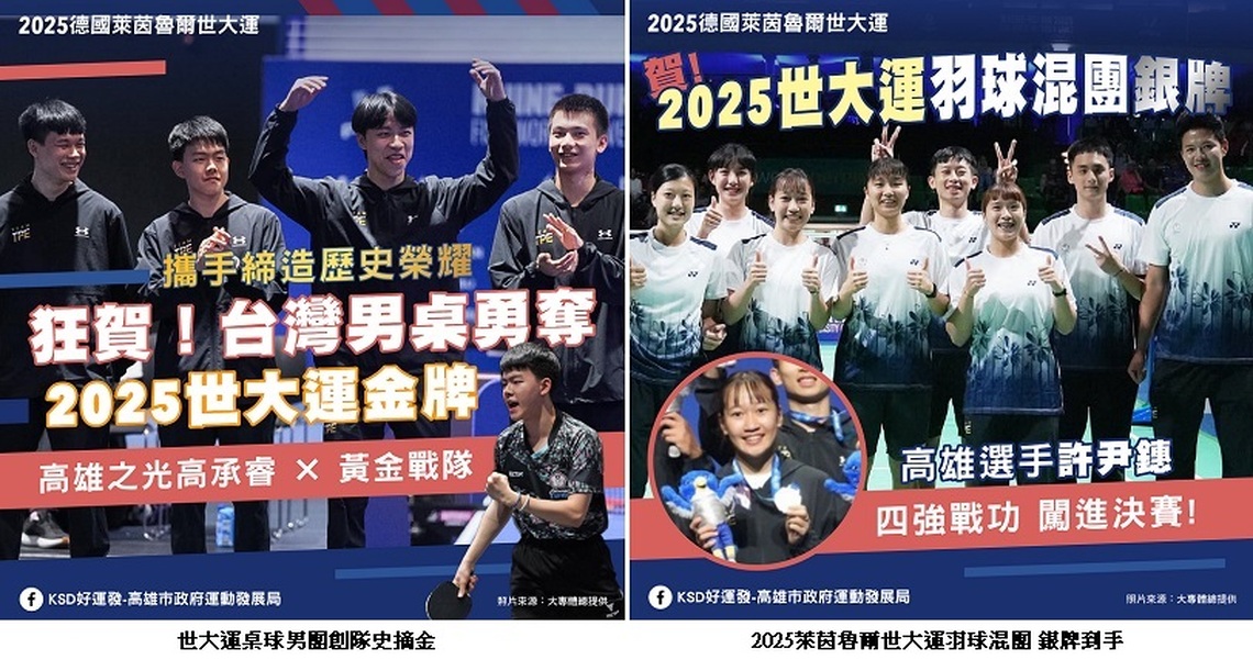 世大運桌球男團創隊史摘金、羽球混團摘銀   高承睿、許尹鏸將獲頒高市體育獎助金
