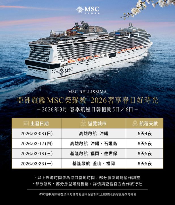 亞洲最大旗艦郵輪MSC榮耀號 發佈2026臺灣航線 同步推出全新禮遇「陽台暢飲房」