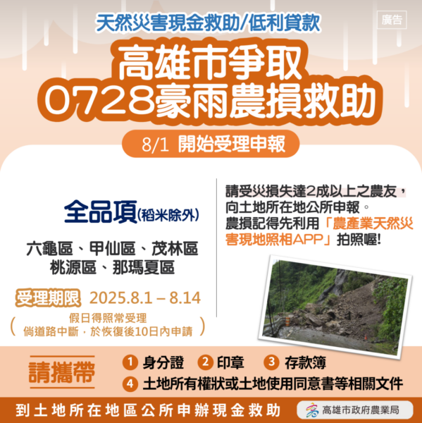 高雄市成功爭取桃源、茂林、那瑪夏、六龜、甲仙區豪雨農損全品項（稻米除外）及森林副產物（竹筍）現金救助