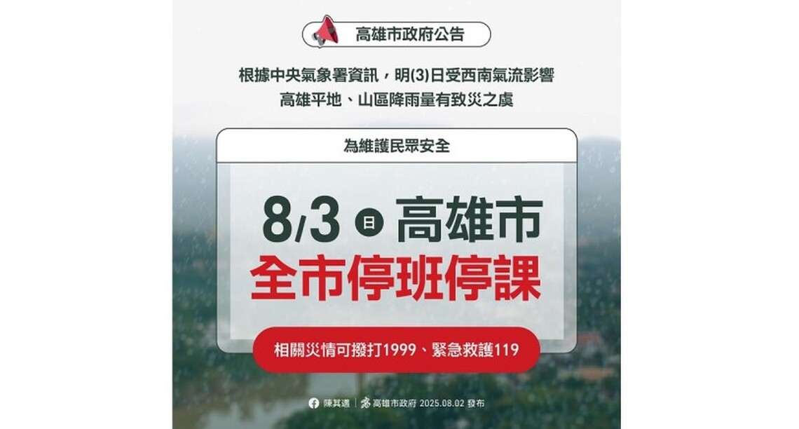 高市雨勢恐加劇 預估雨量達標 明全面停班停課