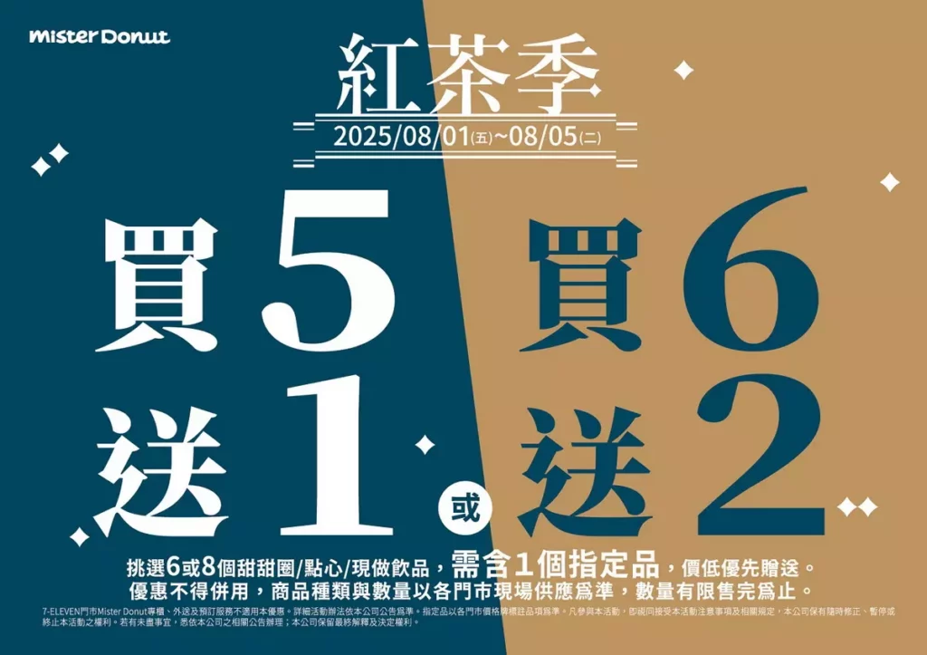 為響應茶系甜甜圈上市，新品上市當天推買5送1及買6送2的甜甜圈優惠