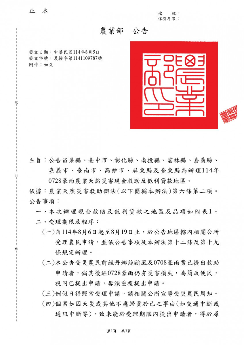 0728豪雨嘉義縣農產業全品項可申請現金救助及低利貸款／嘉義縣府提供