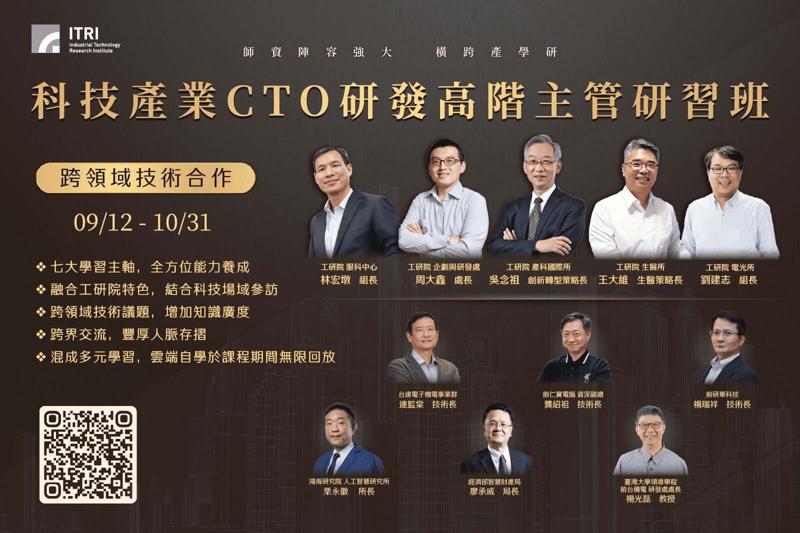 工研院第五屆「科技產業CTO研發高階主管研習班」開放報名，重磅邀請科技業頂尖名師，傳授勝任技術長（CTO）的心法要點，包括台達電子機電事業群技術長連監棠、前仁寶資深副總龔紹祖、前研華科技技術長楊瑞祥、鴻海研究院人工智慧研究所所長栗永徽、經濟部智慧財產局局長廖承威、臺灣大學教授暨前台積電研發處處長楊光磊等業界重量級專家，帶領學員從產官學研多元面向，深化最新科技趨勢洞察力與技術商業化能力。 