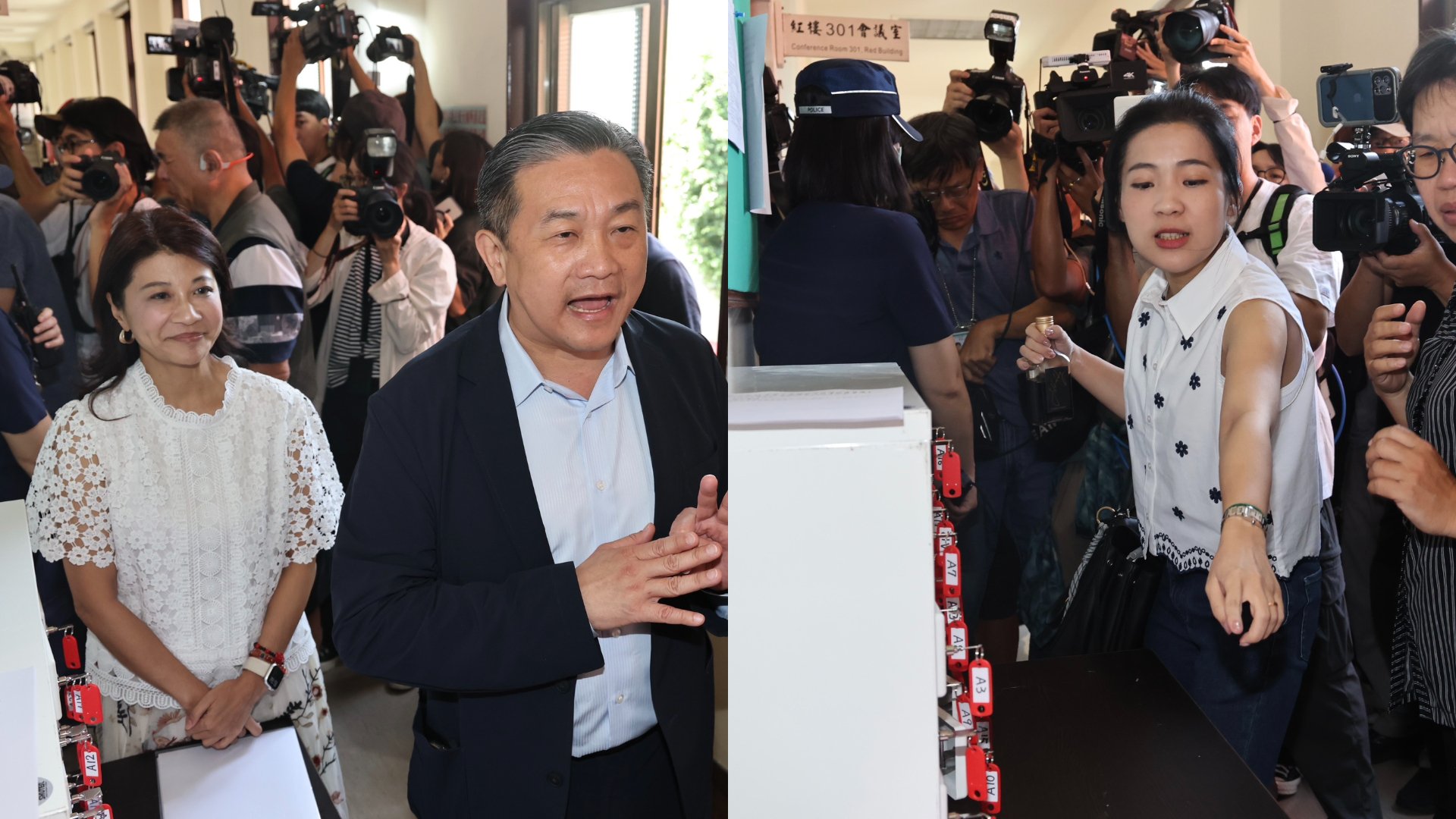 徐巧芯(右)為外交國防委員開機密會議談關稅,與王定宇、林楚茵(左)發生衝突。林啟弘攝