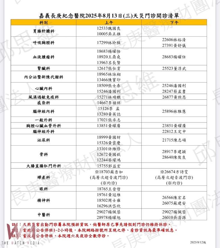 嘉義長庚醫院8/13的門診清單。(圖/嘉義長庚醫院提供)