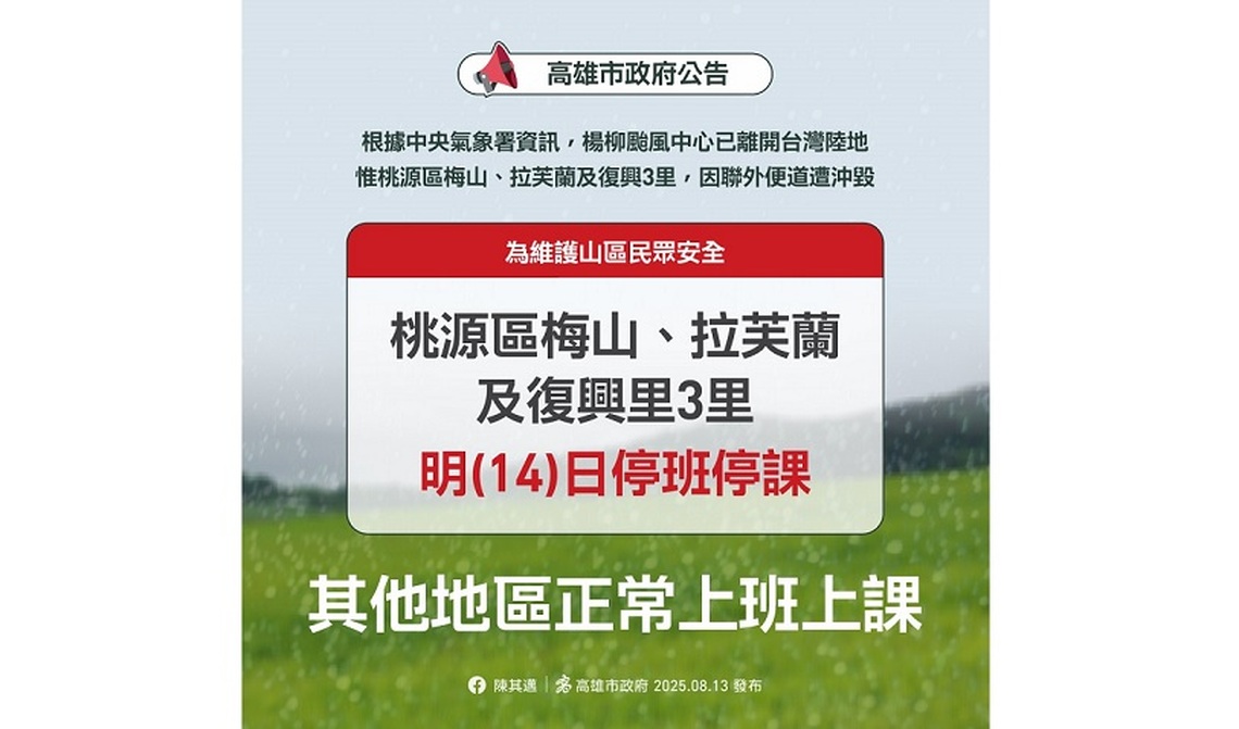 楊柳颱風遠離　高雄14日僅桃源區3里停班停課