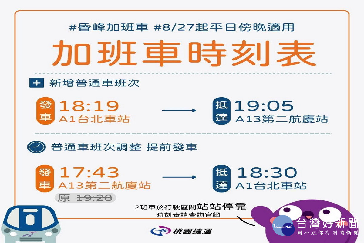 桃園機場捷運平日加班車新時刻表。