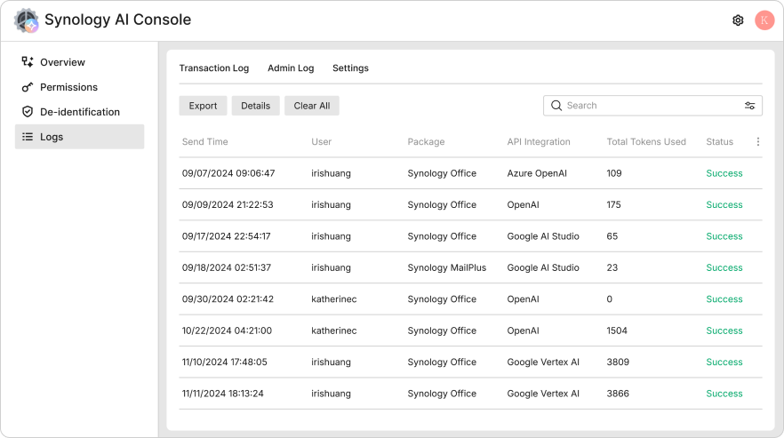 Synology AI Console 提供單一介面，管理組織使用的 AI 模型、管理權限與 Token 限額等，避免影子 AI 問題。