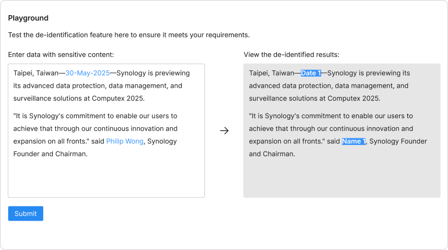 Synology AI Console 還提供去識別化機制，可隱藏組織機敏資訊，避免暴露於第三方 AI 模型當中。