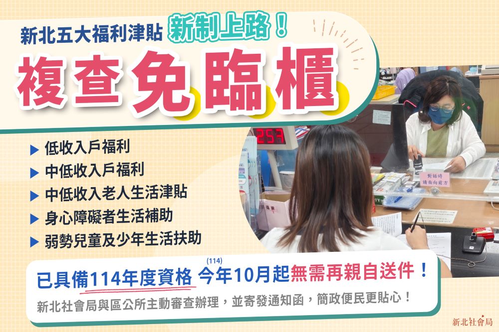 慎防詐騙 新北五大福利津貼「複查免臨櫃」10月上路 1 《圖說》新北五大福利津貼免臨櫃複查。〈社會局提供〉