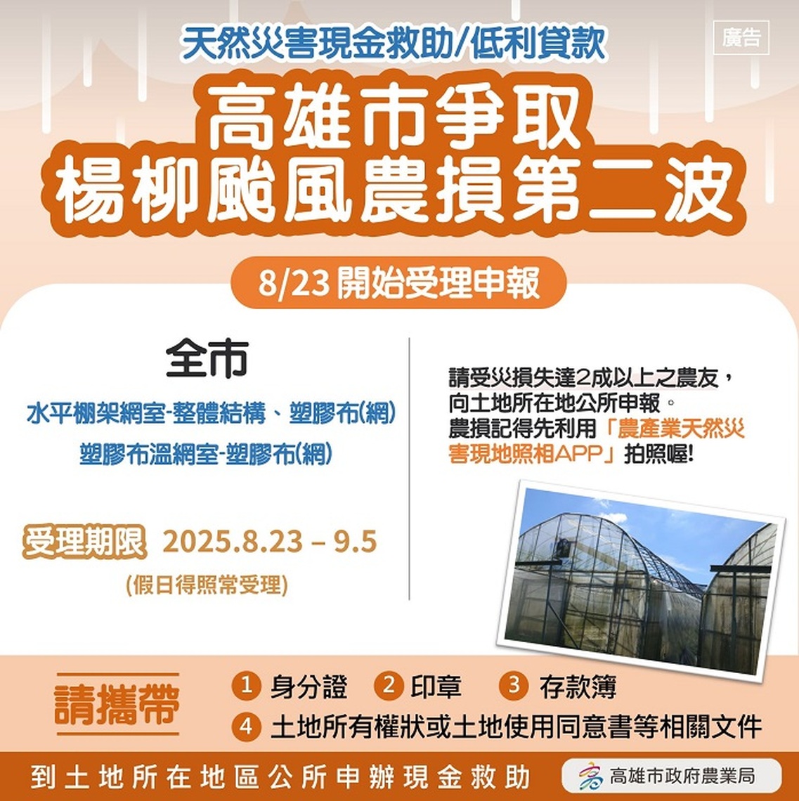 高雄市再次爭取楊柳颱風農損救助 即起受理