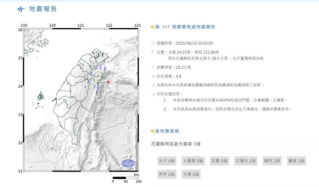 花蓮晚間地牛翻身！宜蘭、花蓮震度3級以上