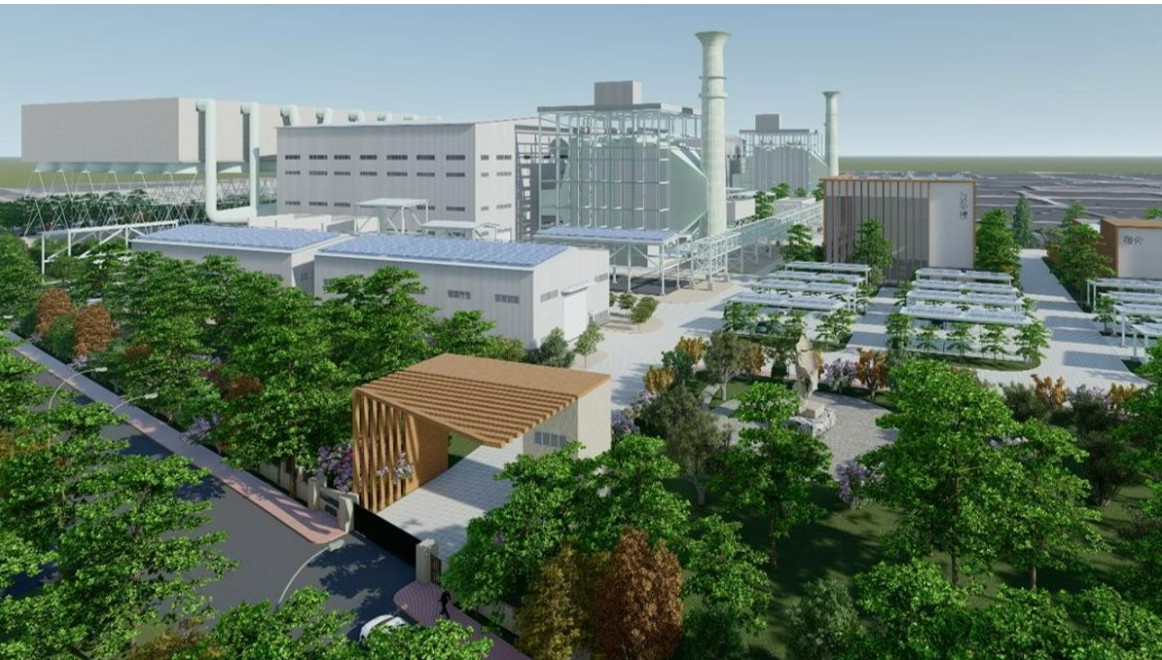 九崴南科天然氣發電廠初期電腦模擬圖，有15公頃作為生態公園。九崴電力提供