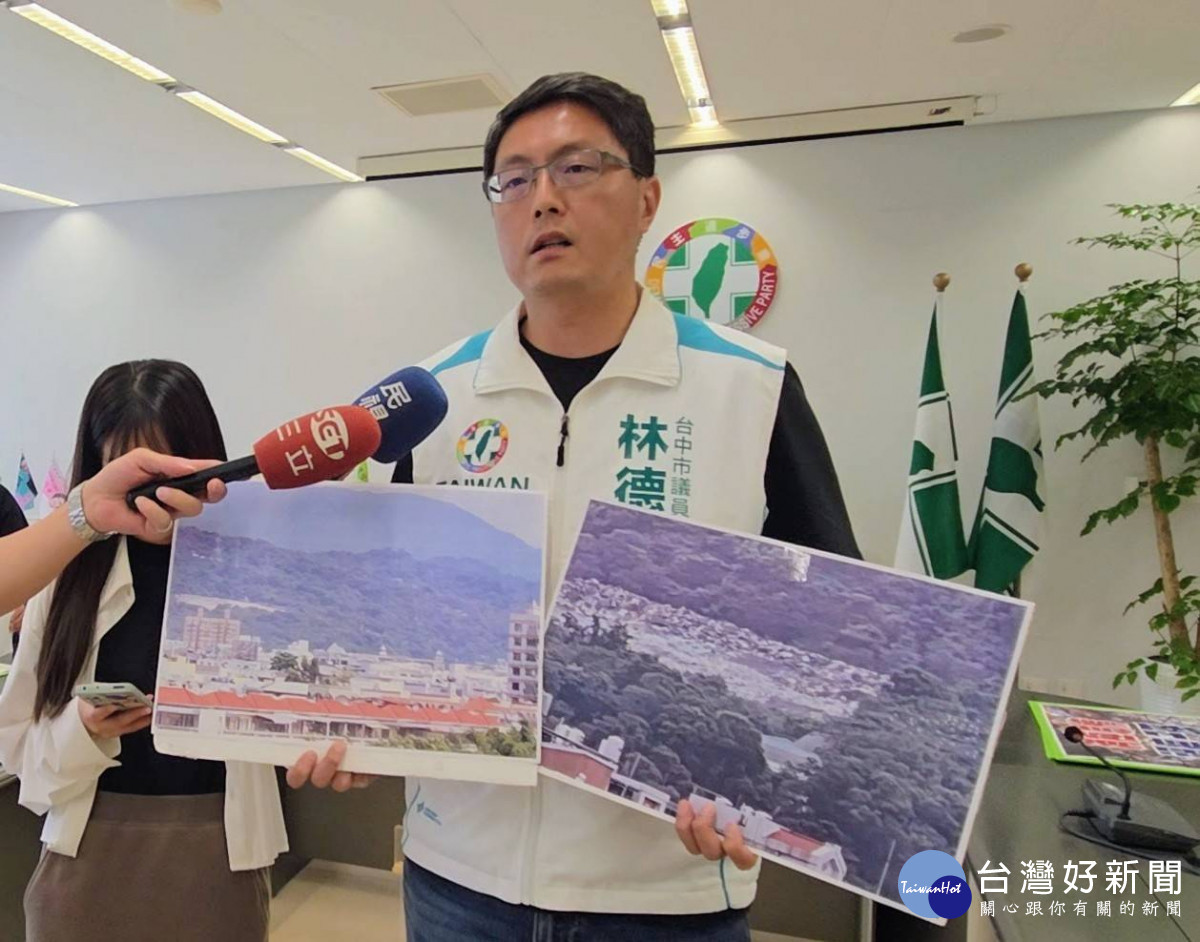 林德宇批大批垃圾從遠處眺往大里的山區,就可以看得到掩埋場的現地,很突兀明顯。