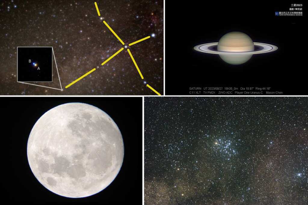 ▲天文館9月周六夜間觀星目標,左上為輦道增七(李合峰、吳昆臻攝),右上為土星(陳見銘攝),左下為月球,右下為M6蝴蝶星團(吳昆臻攝/臺北天文館提供)。