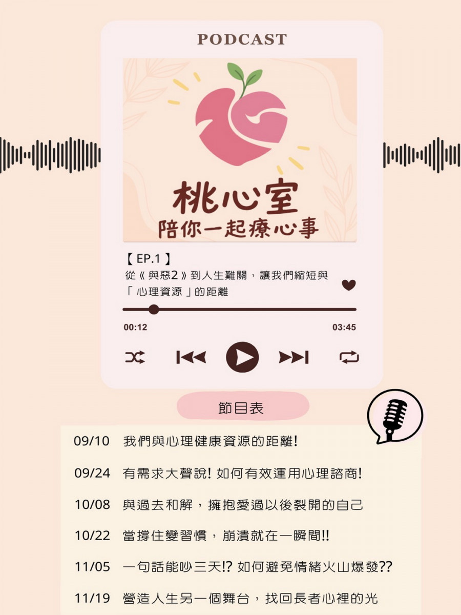 桃園市政府衛生局推出Podcast《桃心室》陪你一起療心事。<br /><br /> 
