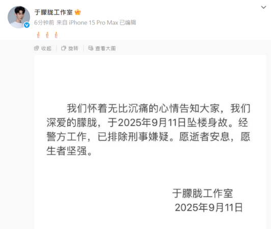 ▲▼《三生三世》于朦朧死訊證實!工作室沉痛發聲。(圖/翻攝自微博/于朦朧工作室)