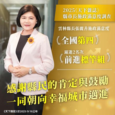 ▲《天下雜誌》縣市治理調查公布,雲林縣長張麗善施政滿意度全國第4,榮登標竿組。(記者劉春生攝)
