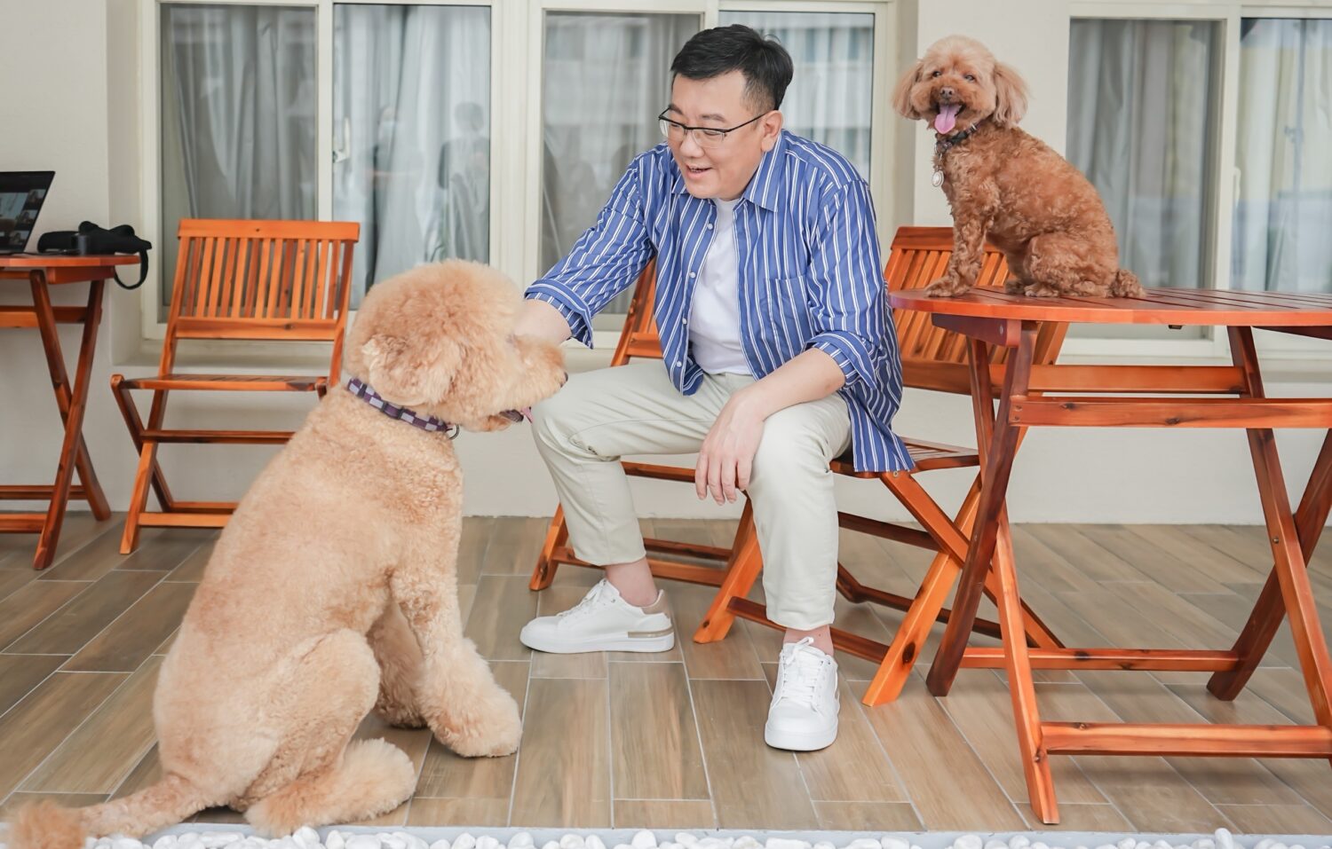 新竹市議長許修睿親切與毛小孩互動,展現對推動人寵共生環境的用心。(圖/記者張家燁翻攝)