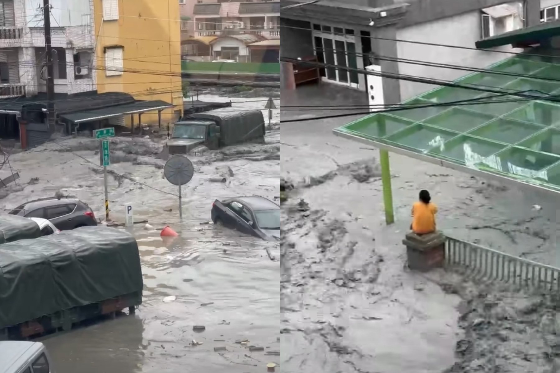 馬太鞍溪堰塞湖溢流,造成光復鄉淹水災情嚴重,軍用卡車被沖走,民眾受困在圍牆上。翻攝花蓮縣議員張美慧、楊華美臉書