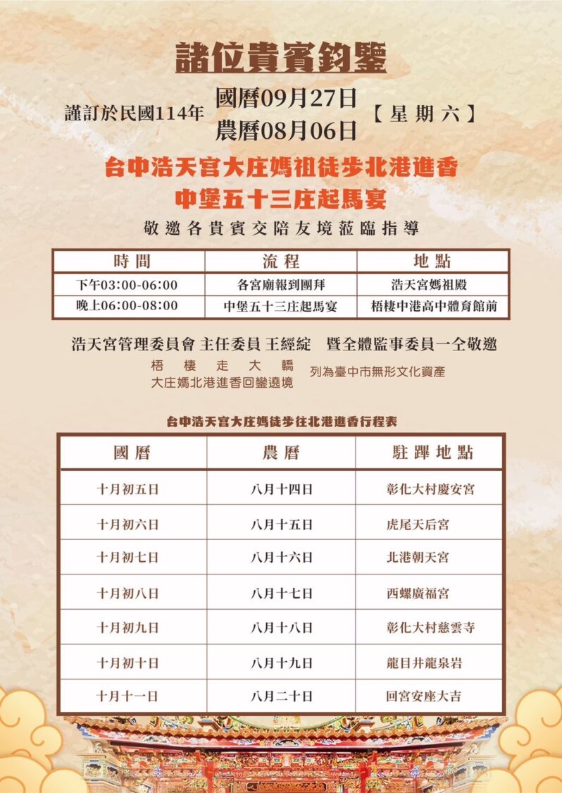 台中浩天宮將於9月27日舉辦『浩天饗宴暨五十三庄起馬宴』，活動流程包括各宮廟報到團拜與中堡五十三庄起馬宴，場面熱鬧非凡。（圖/記者林照東翻攝）