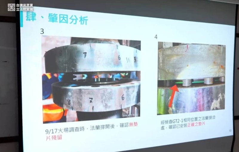 台電報告墊片材質是主因,依照規定應該是金屬。但黃國昌當場質疑,金屬不可能燒到甚麼都不留。 台電報告墊片材質是主因,依照規定應該是金屬。但黃國昌當場質疑,金屬不可能燒到甚麼都不留。