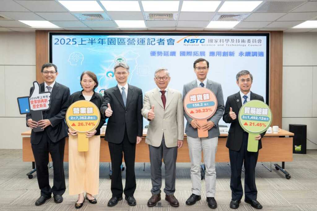 ▲(左起)國科會產學園區處處長林德生、國科會南科管理局局長鄭秀絨、國科會副主委蘇振綱、國科會主委吳誠文、國科會竹科管理局局長胡世民、國科會中科管理局局長許茂新。