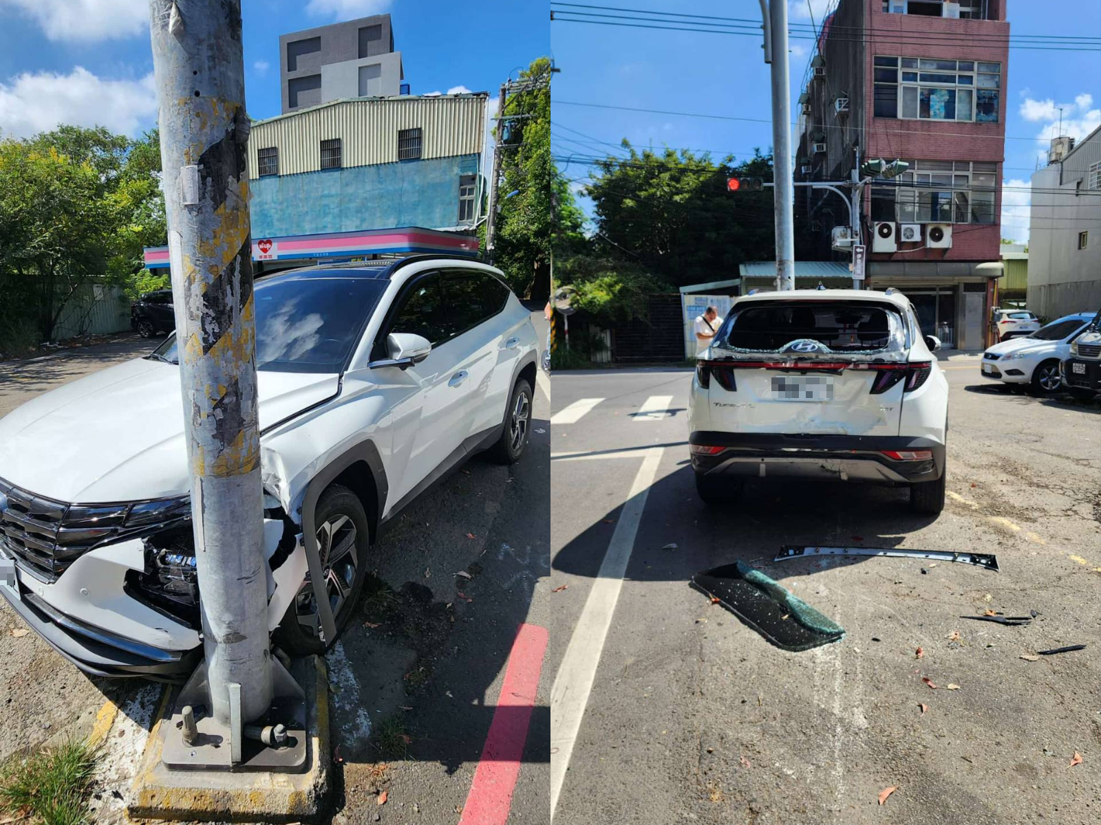 現場1輛無辜的白色轎車遭波及，被推撞上電線桿，車體嚴重毀損。