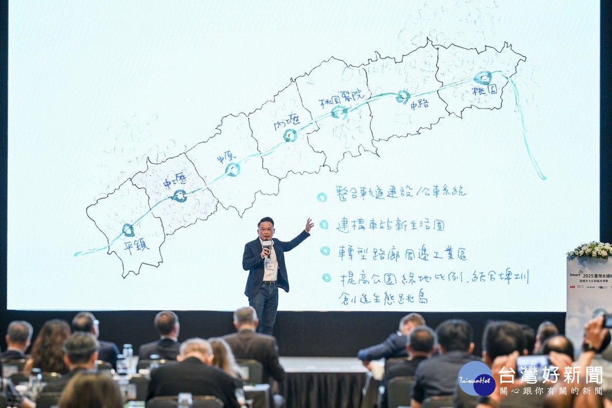 桃園市副市長蘇俊賓透過自己全手繪簡報,以圖像敘事方式,清晰呈現桃園邁向淨零城市的挑戰與智慧解方。
