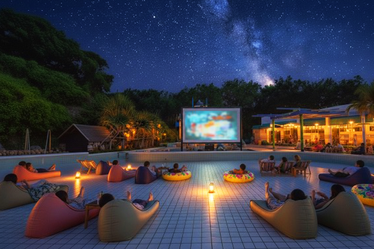 秋遊星夜季星空電影院,民眾坐在懶骨頭、泳圈中抬頭仰望滿天星斗,在絢爛銀河下觀賞電影,體驗秋夜最浪漫的時光。(圖/記者黃溎芬翻攝)