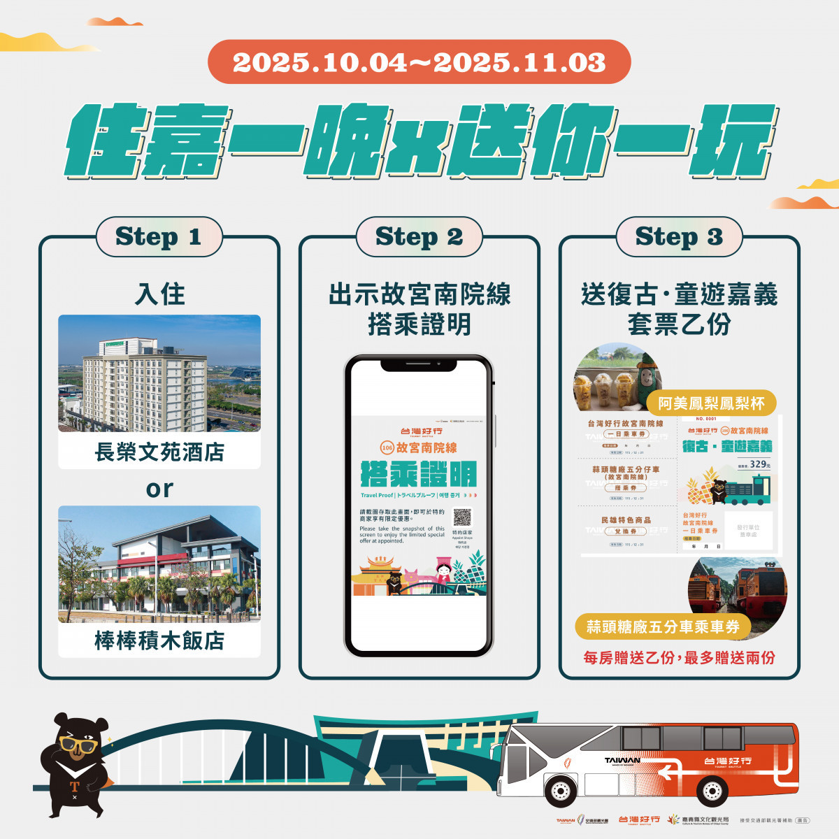 10月搭「台灣好行:故宮南院線」有機會獲得多項好禮/嘉義縣府提供