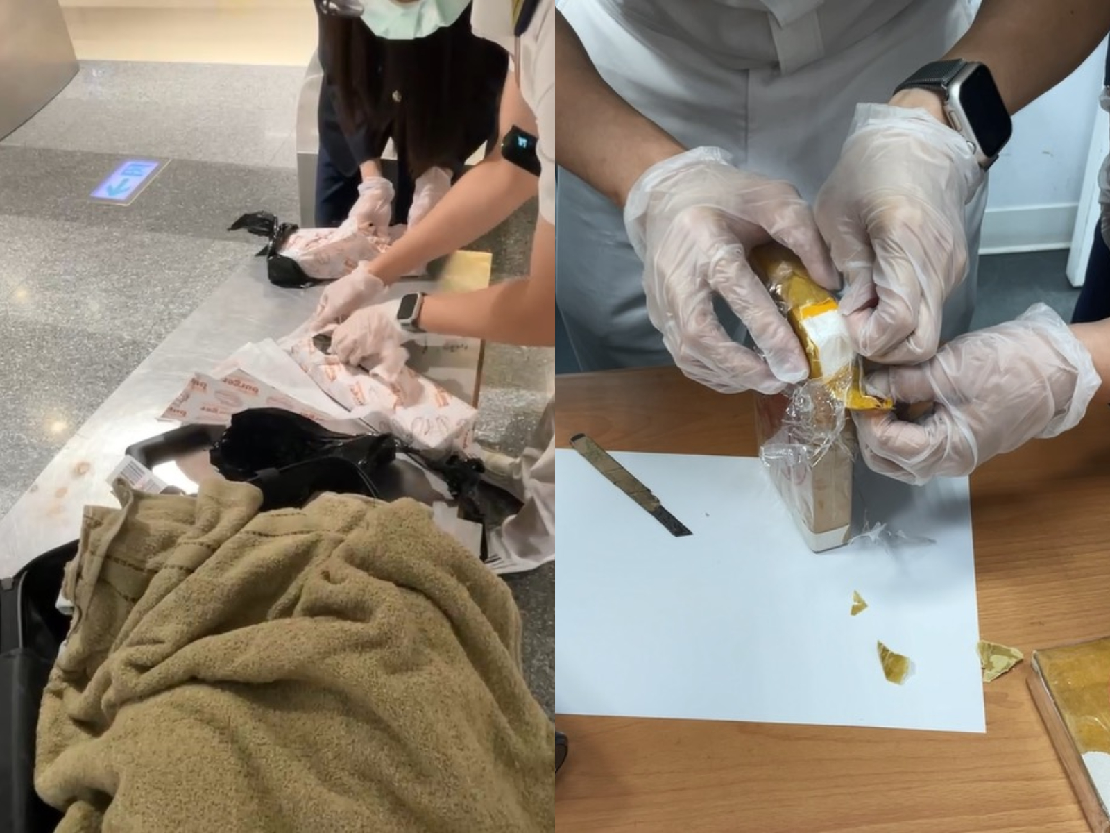 安檢人員在檢查旅客託運行李時,發現馬來西亞籍旅客J嫌的行李有異狀,另名馬來西亞籍旅客D嫌提領該件行李準備通關時,立即被安檢人員攔下。經開箱查驗,發現行李箱內夾藏了高純度第1級毒品海洛因。