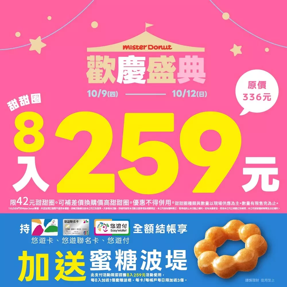 Mister Donut歡慶盛典推最高9入259元優惠