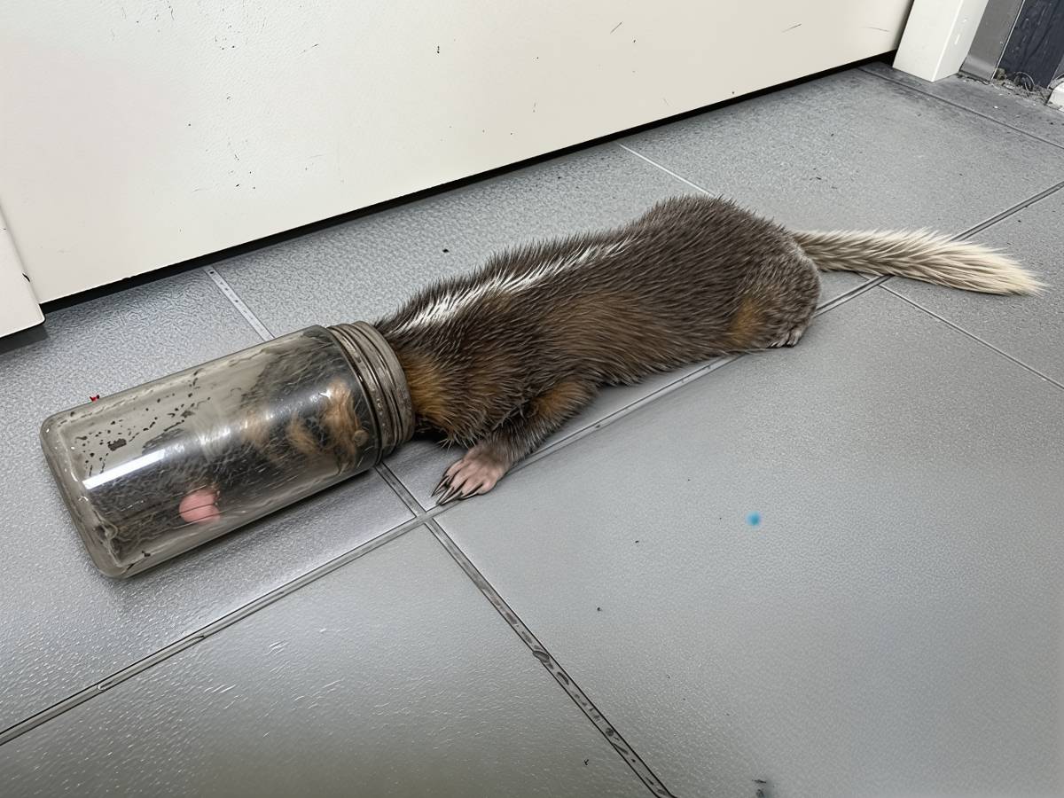 鼬獾誤鑽玻璃罐險喪命 新北動保處火速救援