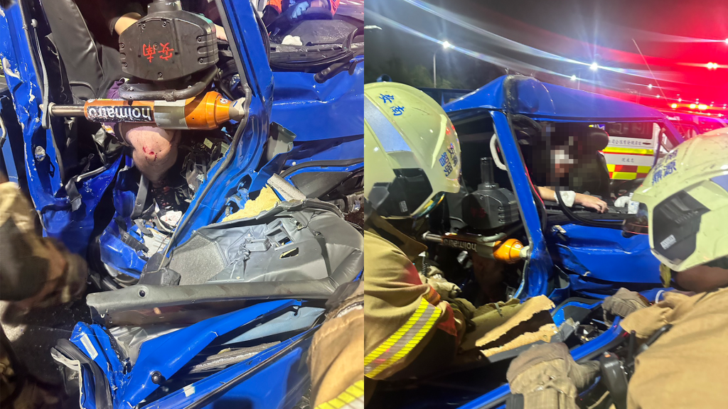 台南安南驚悚車禍！貨車猛衝號誌桿「車頭撞爛」　2人受傷送醫