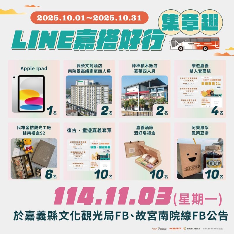 集章活動抽iPad、住宿券 台灣好行故宮南院線暢遊嘉義15站