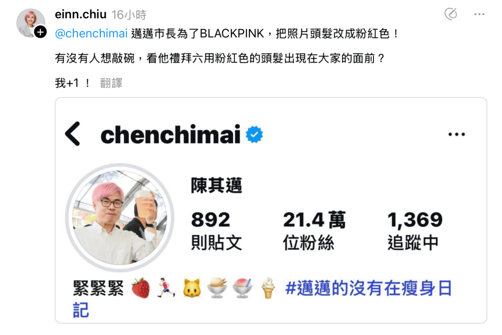 迎BLACKPINK陳其邁換粉紅髮頭貼 蕭美琴、蔡英文、邱議瑩接力互動 228 照片來源:截圖邱議瑩臉書