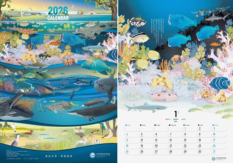 海保署推出2026海洋保育年曆《棲居於海・萬物盛典》以12棲地描繪萬物共生之美 即日起開放預購