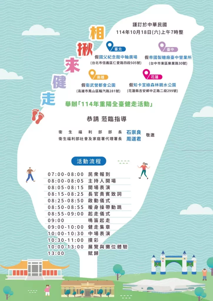 全臺慶重陽，相揪來健走！衛生福利部社會及家庭署(18)日舉辦「114年重陽全臺健走活動」