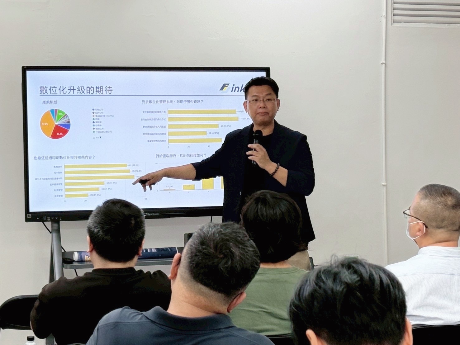 印事科技創辦人余昌展於「智慧印刷生態圈說明會」中分享產業調查結果,解析印刷業者對數位化升級的期待與痛點,現場反應熱烈。(圖/記者林照東翻攝)