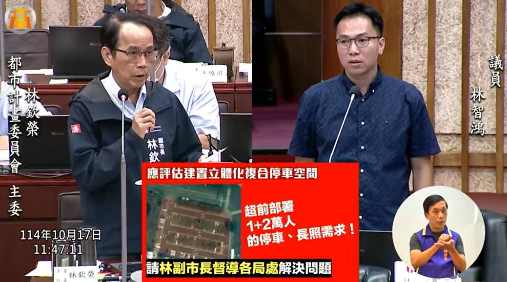 ▲林智鴻質詢副市長林欽榮：中崙停車難、社福缺口大，別讓新舊居民對立重演。