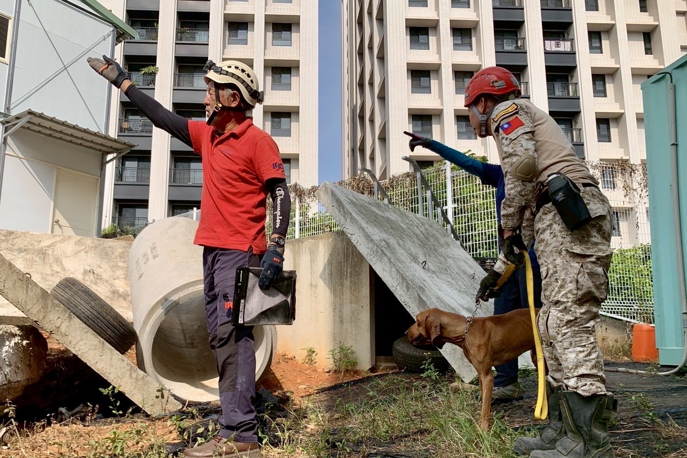 國際搜救犬評審指導參訓隊伍進行瓦礫堆搜尋任務模擬,搜救員與犬隻密切配合,展現人犬協作默契與任務執行能力。(圖/記者張家燁翻攝)