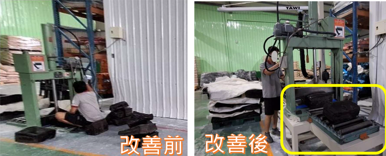 另一項成功改善案例為,改善前是於地面進行切割作業,改善後墊高切割機台,避免勞工作... 另一項成功改善案例為,改善前是於地面進行切割作業,改善後墊高切割機台,避免勞工作...