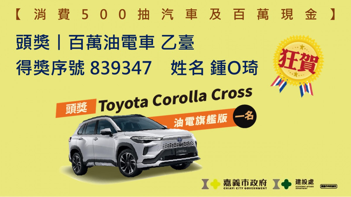 頭獎Toyota Corolla Cross的百萬油電車乙名,得主為鍾O琦,序號為839347/嘉義市府提供