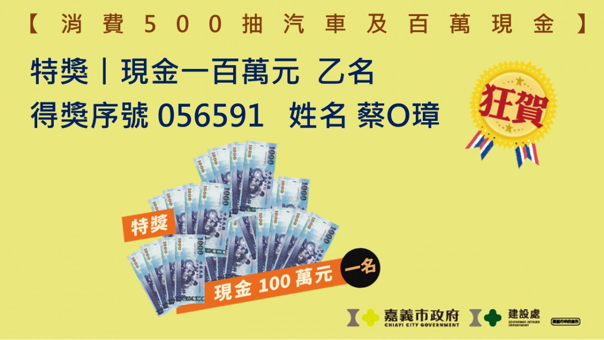 特獎壹百萬現金乙名,得主為蔡O璋,序號為056591/嘉義市府提供