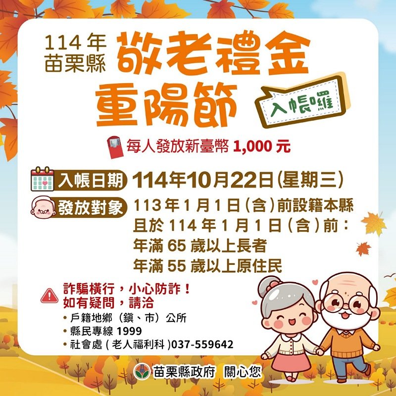 苗栗縣重陽敬老禮金10/22入帳