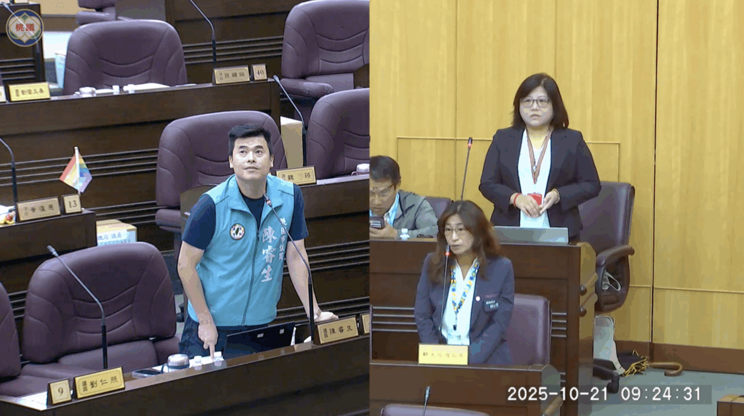 桃園市議員陳睿生(左)、桃園市觀光旅遊局長陳靜芳(右)。(圖/桃園市議會議事錄影)