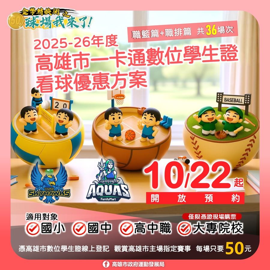 ▲「高雄市一卡通數位學生證看球優惠方案」預約懶人包。
