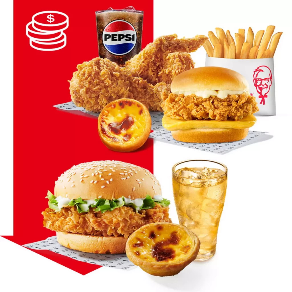 40682 「咔啦脆雞2塊+香酥脆薯+原味蛋撻+百事可樂(中) +吮指嫩雞蛋堡」優惠價$189