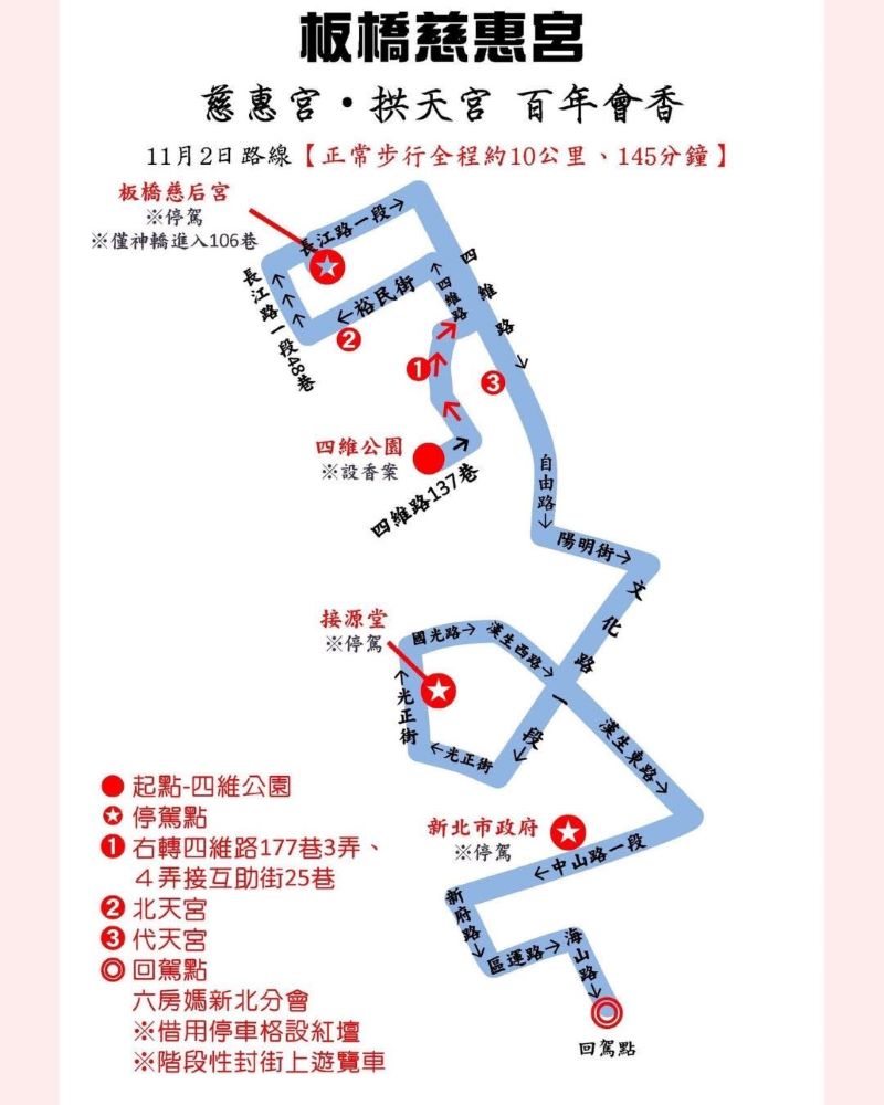 拱天宮白沙屯媽祖遶境板橋 11/1-2交管秒懂 20 《圖說》苗栗拱天宮白沙屯媽祖板橋大會香遶境活動交通疏導圖三。〈板橋分局提供〉